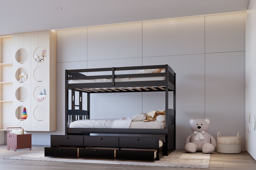 BB42 TWIN/TWIN Bunk Bed w/Twin Trundle + 3 Drawers (Black) **NEW ARRIVAL**