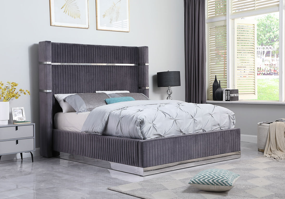 B786 Aspen Grey Velvet Platform Bed