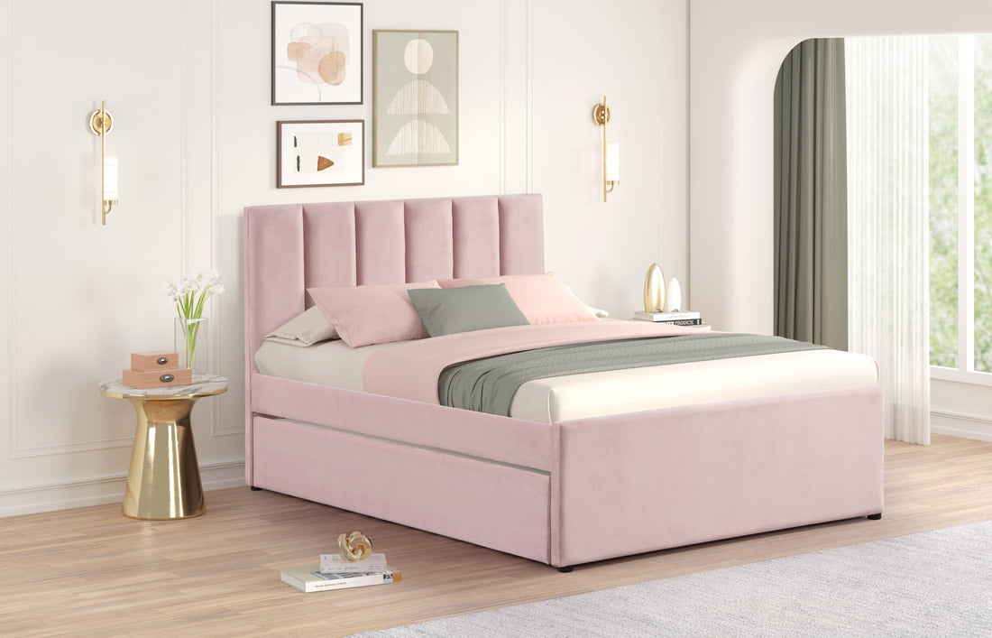 MAYA - Pink Twin, Full Platform Bed w/ Trundle
