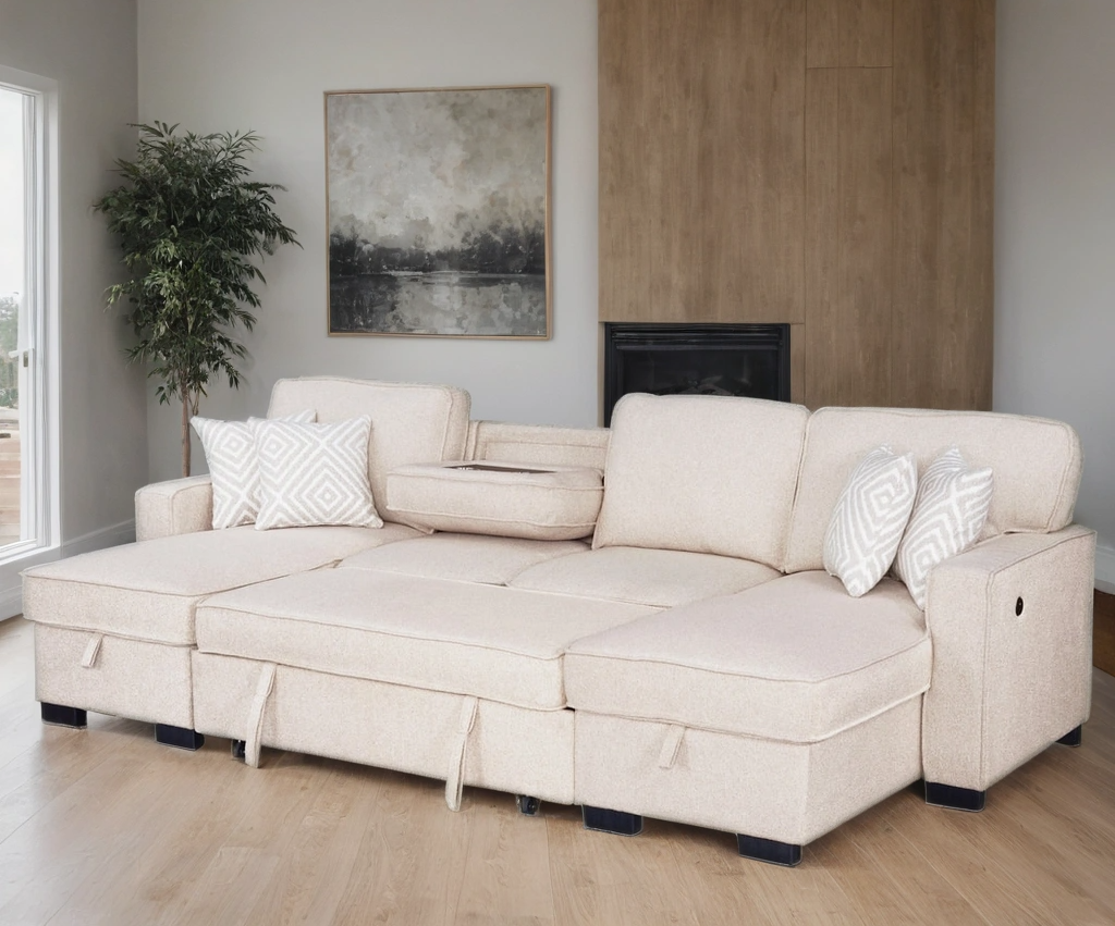 Sahara Beige - Double Storage Chaise Sectional w/ Drop Down Cupholders **ON SALE**