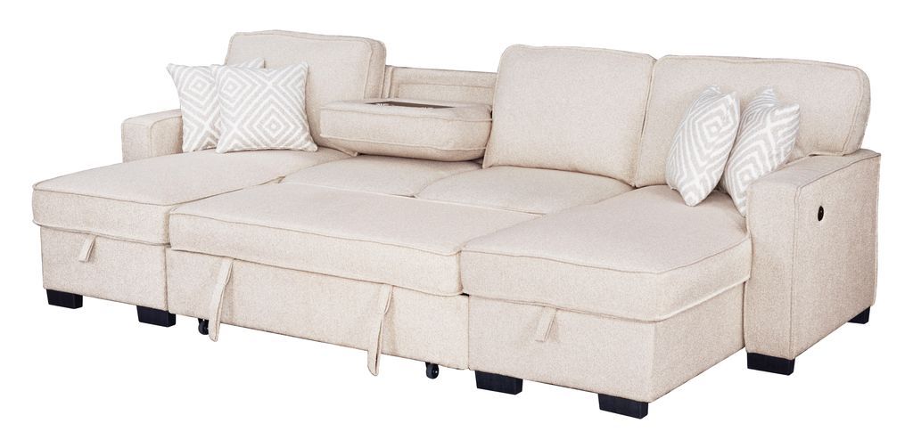 Sahara Beige - Double Storage Chaise Sectional w/ Drop Down Cupholders **ON SALE**