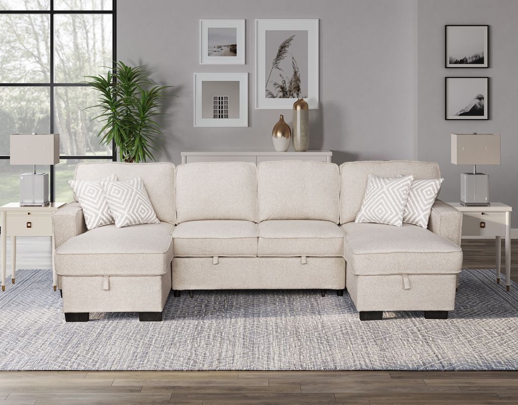 Sahara Beige - Double Storage Chaise Sectional w/ Drop Down Cupholders **ON SALE**