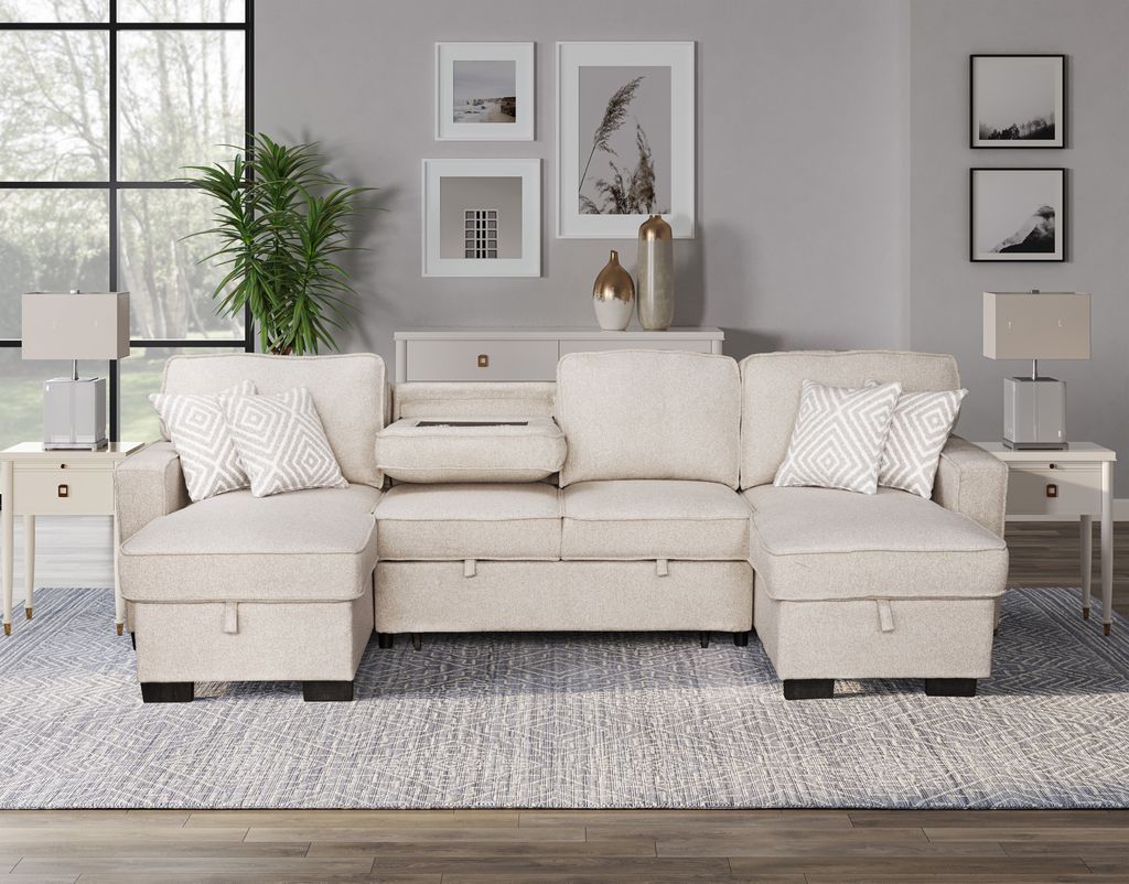 Sahara Beige - Double Storage Chaise Sectional w/ Drop Down Cupholders **ON SALE**