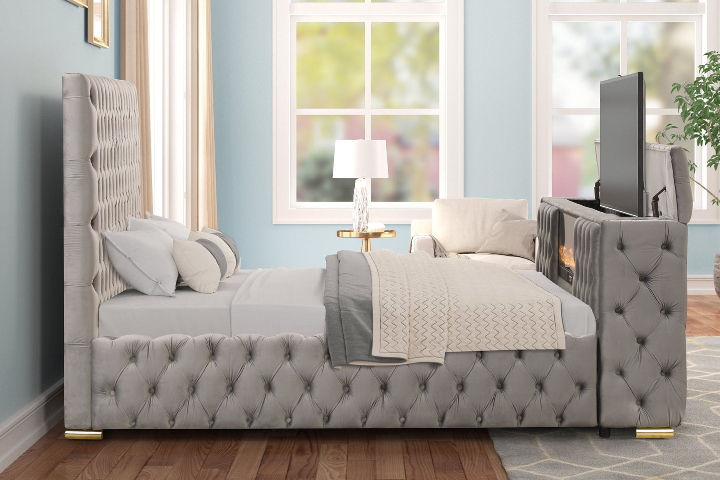 Future Grey Velvet Platform Bed