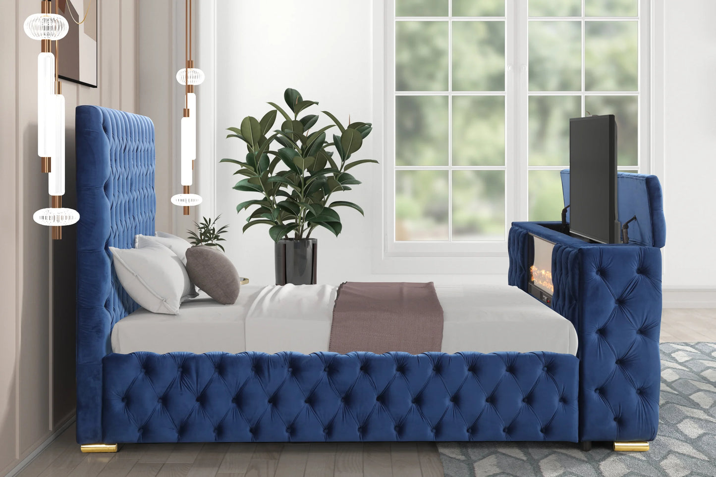 Future Blue Velvet Platform Bed