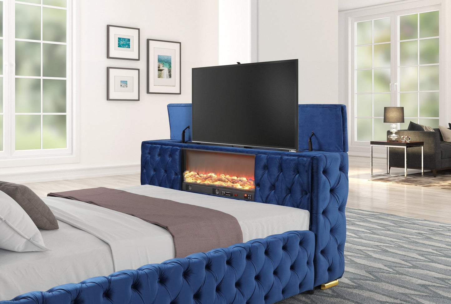 Future Blue Velvet Platform Bed