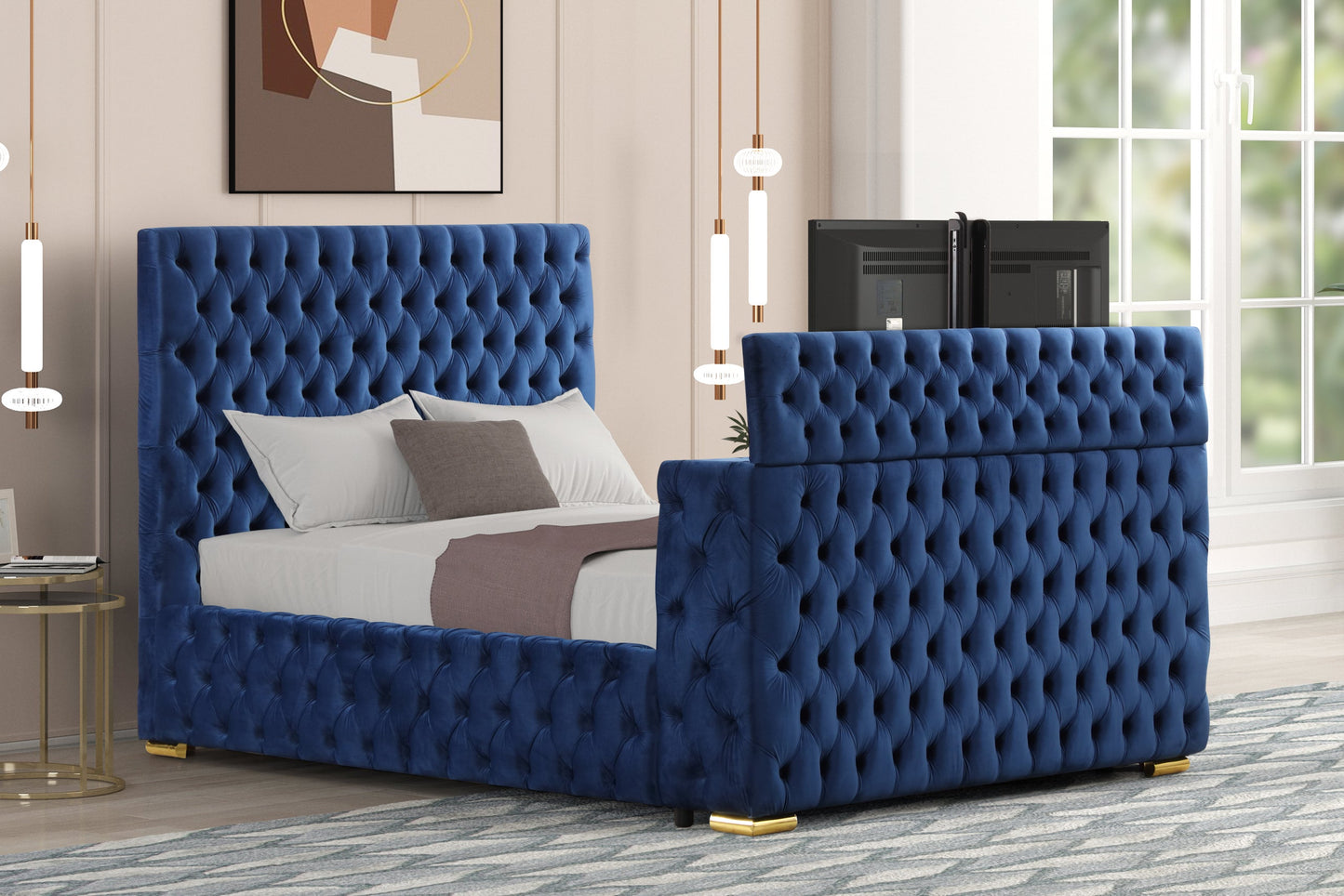 Future Blue Velvet Platform Bed