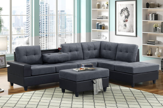 PU8-Heights Reversible Sectional + Storage Ottoman Set (ETA 8/15) Grey & Black