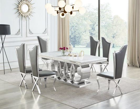 D620 Giovanni White Marble - Like Dining Room Set *BLACK CHROMED CHAIRS IN STOCK*