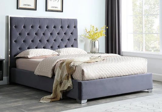 B600 Rose - Colored Velvet Upholsteres Platform Bed With Embedded Nailheads Headboard