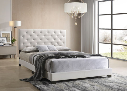 HH2018 White Faux Leather Upholstered Bed With 50" Tall Headboard With Embedded Diamonds