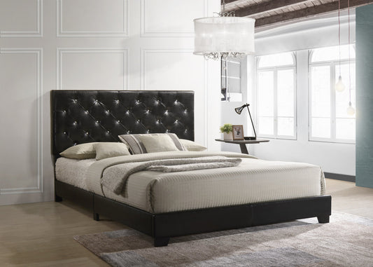 HH2020 Black Faux Leather Upholstered Bed With 50" Tall Headboard With Embedded Diamonds