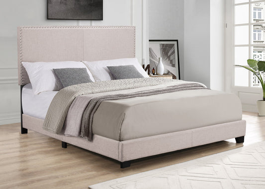 HH515 Beige Linen Upholstered Bed Frame With Embedded Silver Nailheads Headboard Borders.