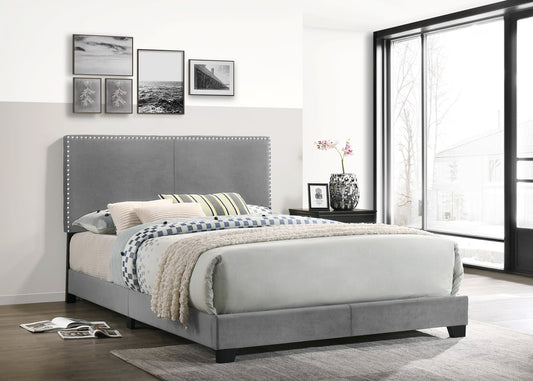 HH530 Grey Queen Velvet Upholstered Bed Frame With Silver Nailhead Embedded Headboard Borders