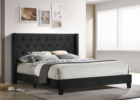 HH775 Black Linen Upholstered Platform Bed With 50" Tall Headboard With Embedded Nailheads