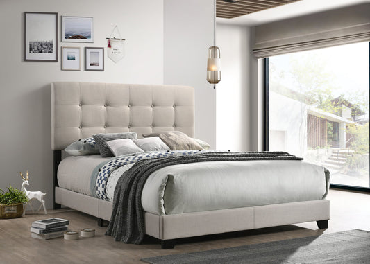 HH906 Grey Linen Upholstered Bed Frame with Embedded Nailheads Headboard.